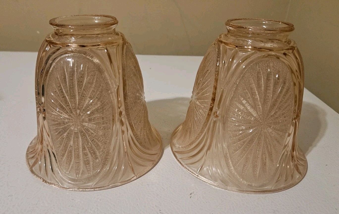 Vintage Brooke Crescent Pink Bell Shaped Depression Glass Lamp Shades - Set Of 2 Vintage Brooke Crescent Pink Bell Shaped Depression Glass Lamp Shades - Set Of 2
