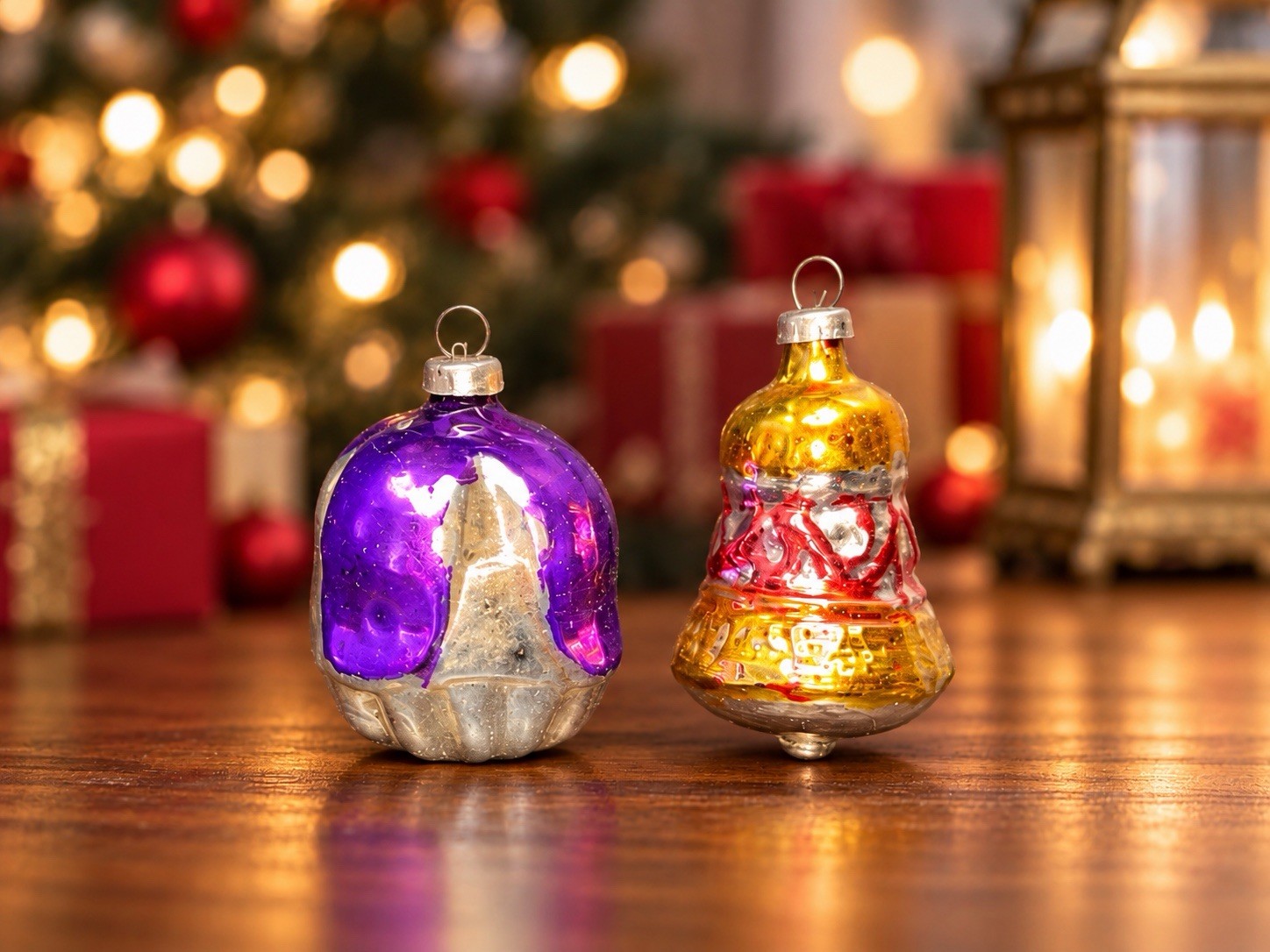 Vintage West Germany Glass Christmas Ornaments Bell Church Figural Set of 2