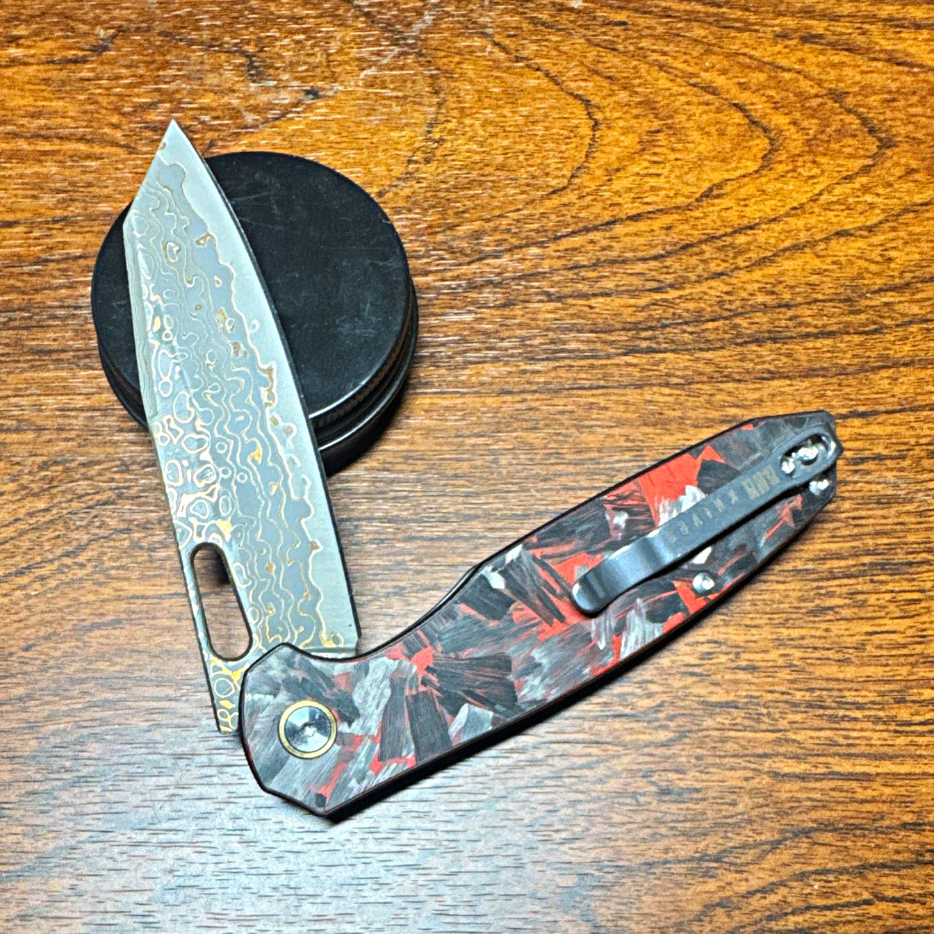 BNB Knives Copper Phoenix Damascus Folding Knife Button Lock Carbon Fiber BNB Knives Copper Phoenix Damascus Folding Knife Button Lock Carbon Fiber