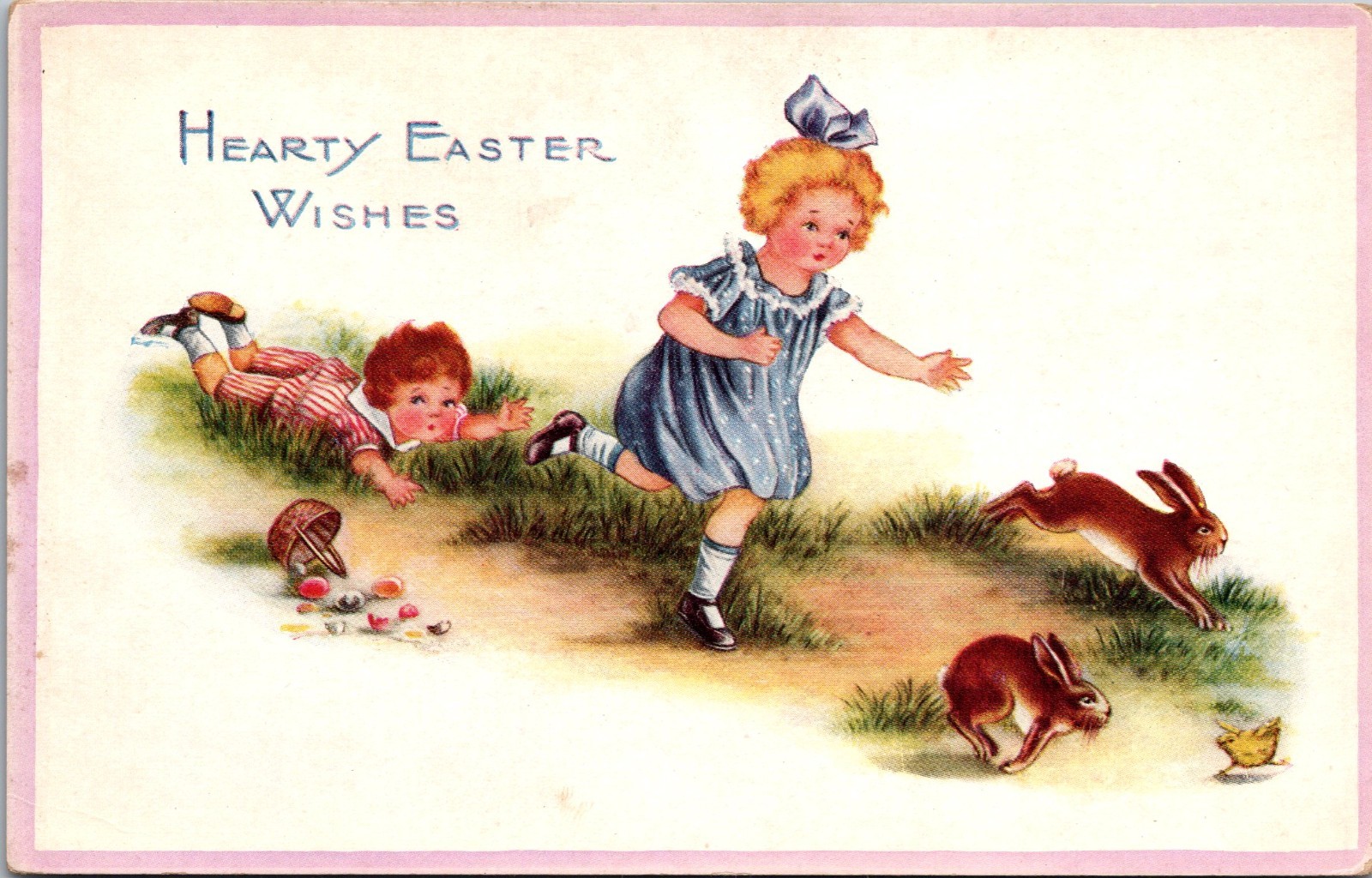 Happy Easter Wishes Postcard Children Chasing Bunnies c1911