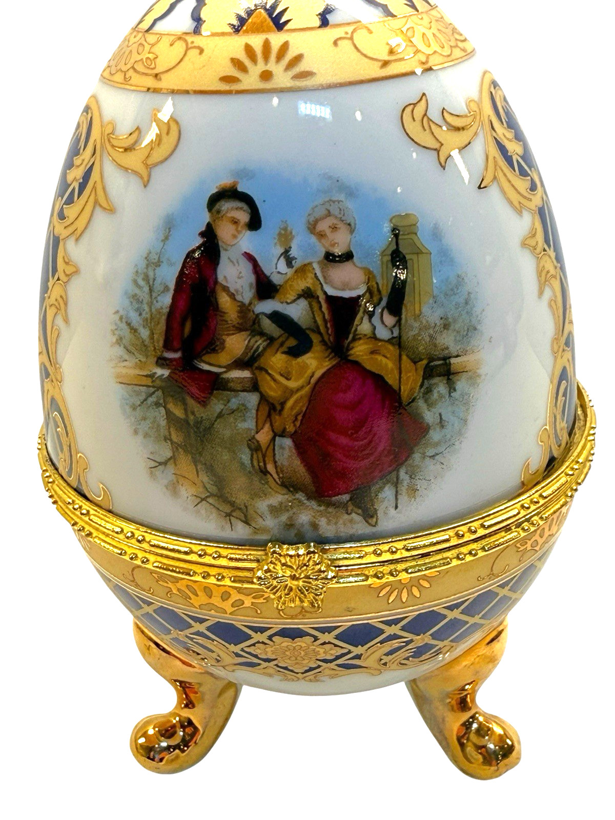 Vintage Vecceli Italy Porcelain Egg Trinket Box  Renaissance Courting Couple 5\
