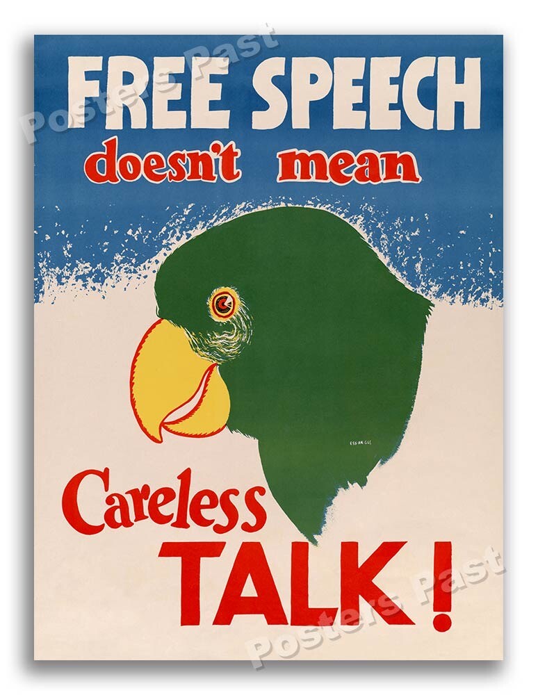 “Free Speech, Careless Talk” 1944 Vintage Style WW2 War Poster  - 18x24