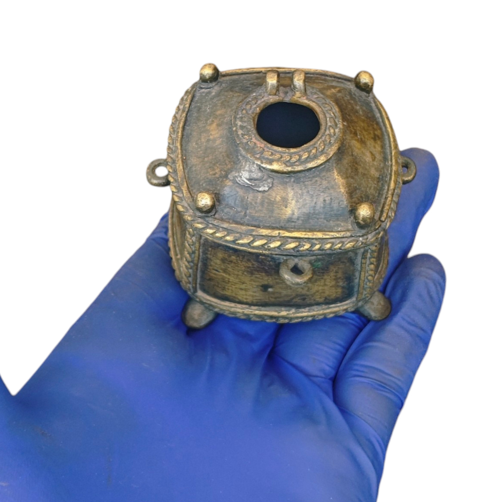 1850's Antique Handcrafted Brass Unique Shape Inkpot , Old Collectible