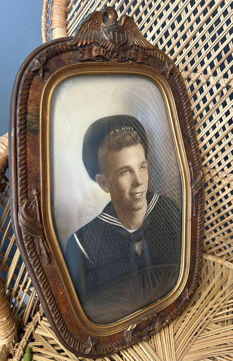 Antique US Navy Sailor Portrait Convex Bubble Glass Eagle American Shield Frame