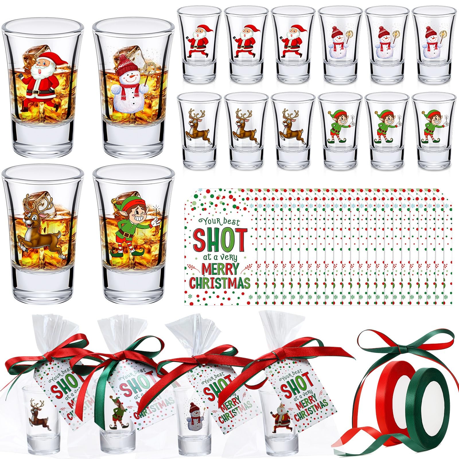 Tiangrid 24 Pcs Christmas Party Favors Shot Glasses 1.5oz Holiday Glasses Bulk