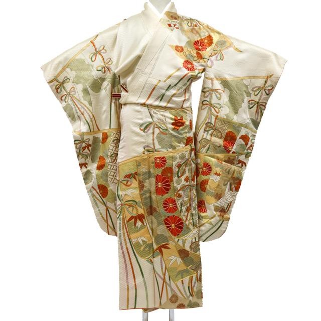 Japanese Vintage Kimono Furisode Silk Gold Embroidery Made in Japan eb-2214
