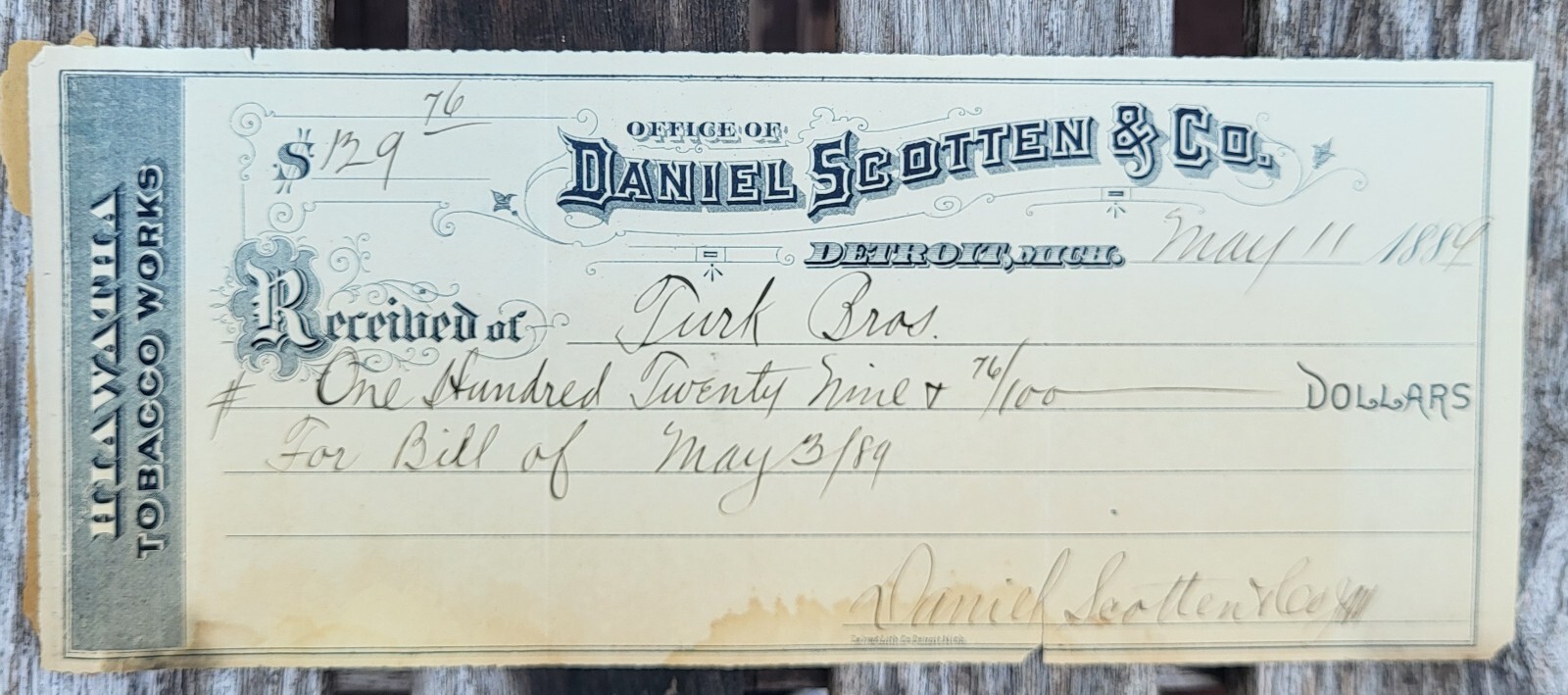 1889 Bank Check Michigan Detroit Daniel Scotten Hiawatha Tobacco Works