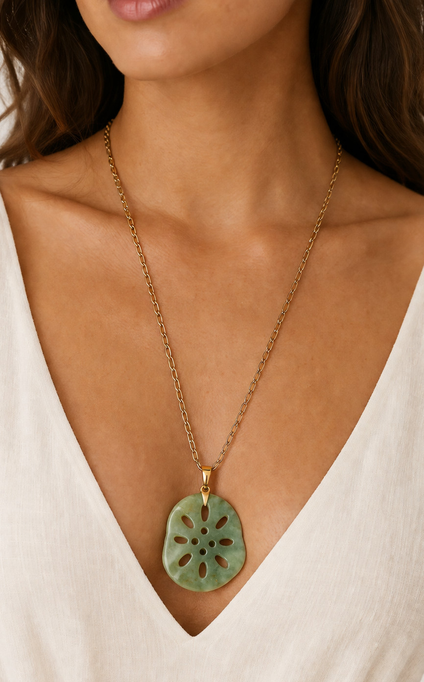 Andrew Marc / Roost Lotus Root Pendant Necklace – Carved Green Jade Slice on 30\