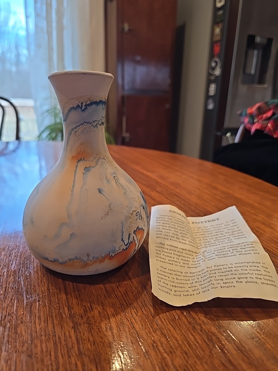Nemadji Pottery Vase Blue Orange Swirls 5\