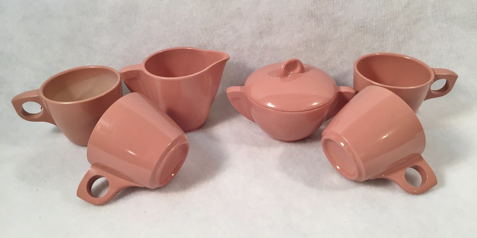 BOONTON Cream & Covered Sugar Set w/Closed Handles & 4 Coffee Cups Dusty Rose