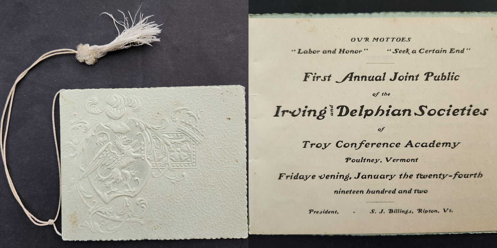 1902 antique IRVIN & DELPHIAN SOCIETY ripton vt 1st ANNUAL JOINT PUBLIC PROGRAM