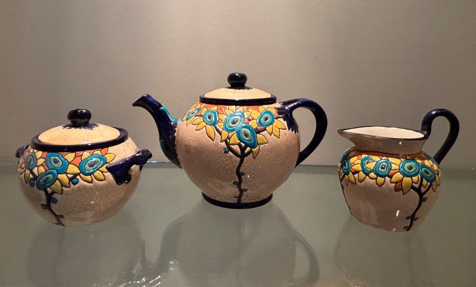 Rare Emaux de Longwy Art Deco Cloisonne Tea Set 1252/222 Teapot Sugar Creamer