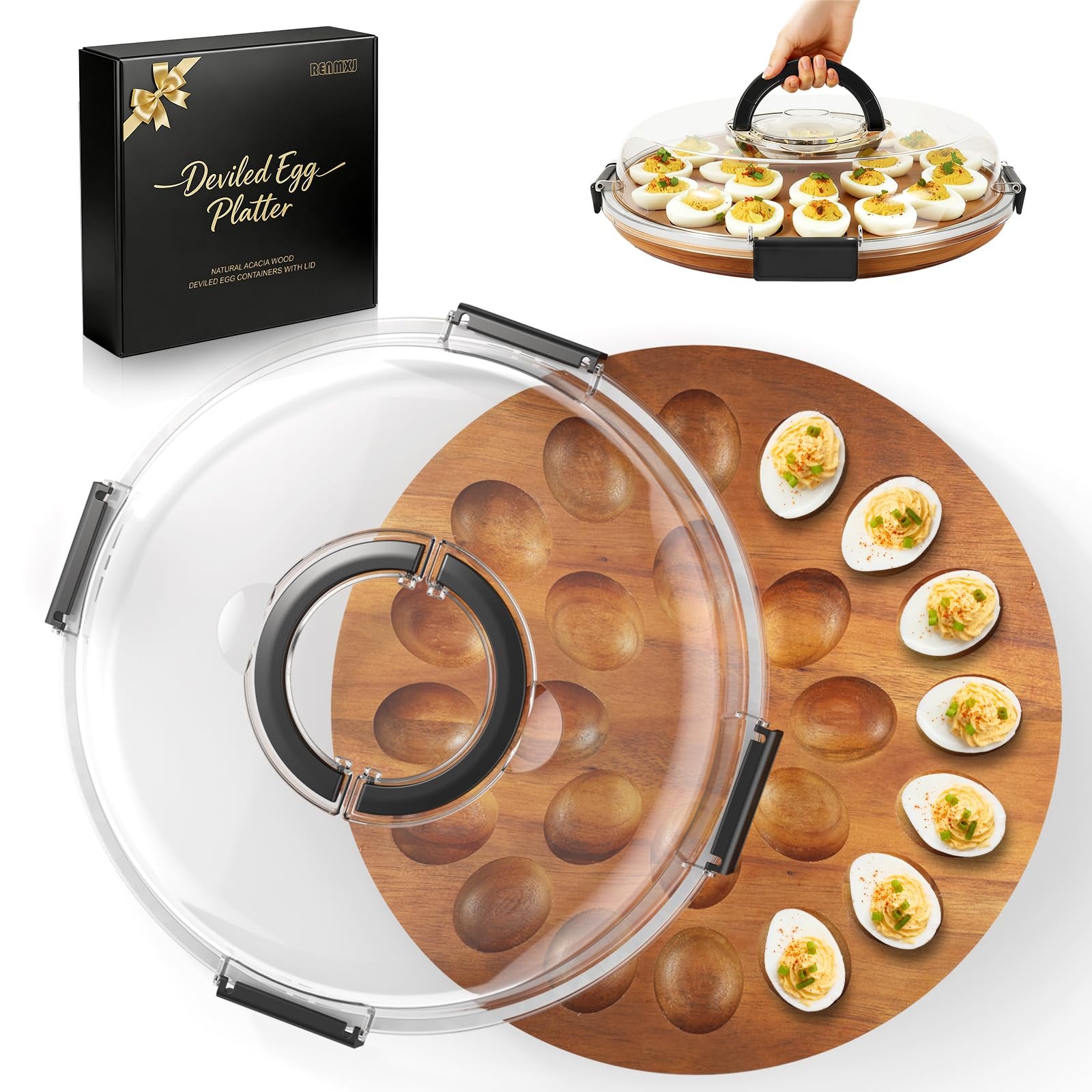 Deviled Egg Containers with Lid, 2026 Upgraded Wooden Deviled Egg Tray Platter w