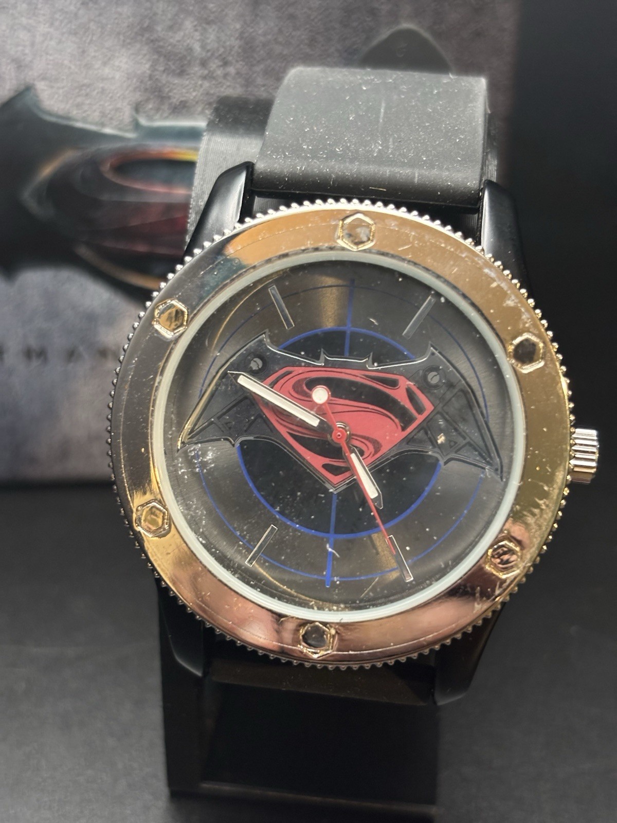 Accutime Batman v Superman Quartz Analog 45mm Black Rubber Strap Watch Box