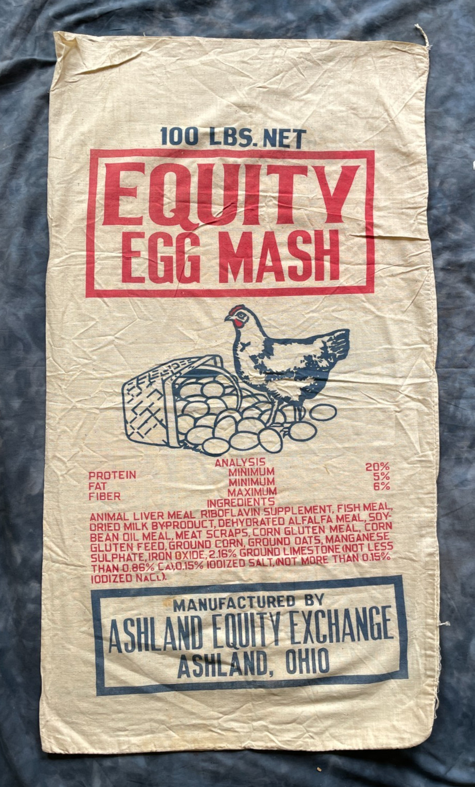 Vintage Ashland Equity Exchange Egg Mash Feed Sack Ohio Chicken Advertising Coop