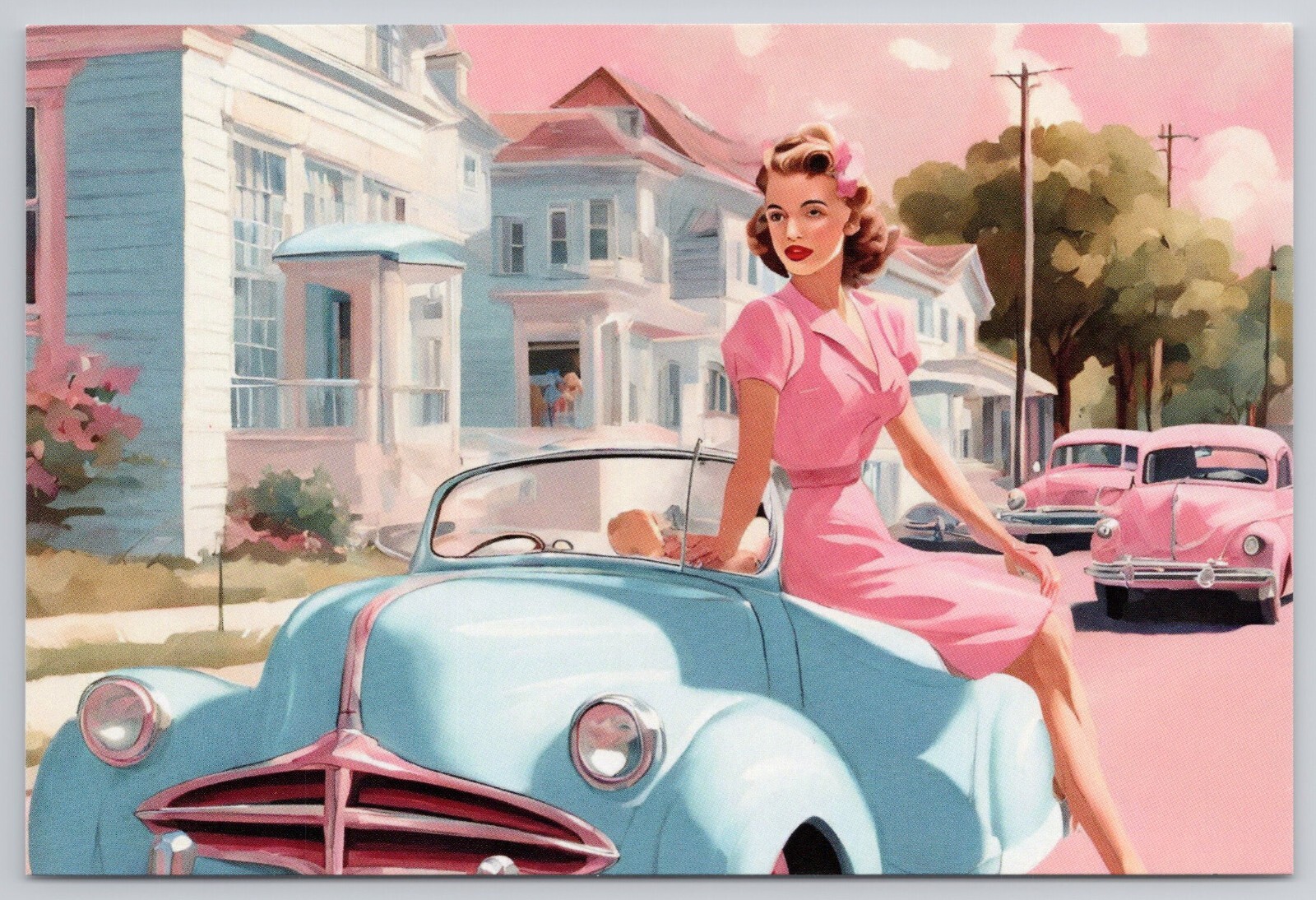 New Original Postcard 1940's 50's Style Girl Sitting on Car Blue Pink Town