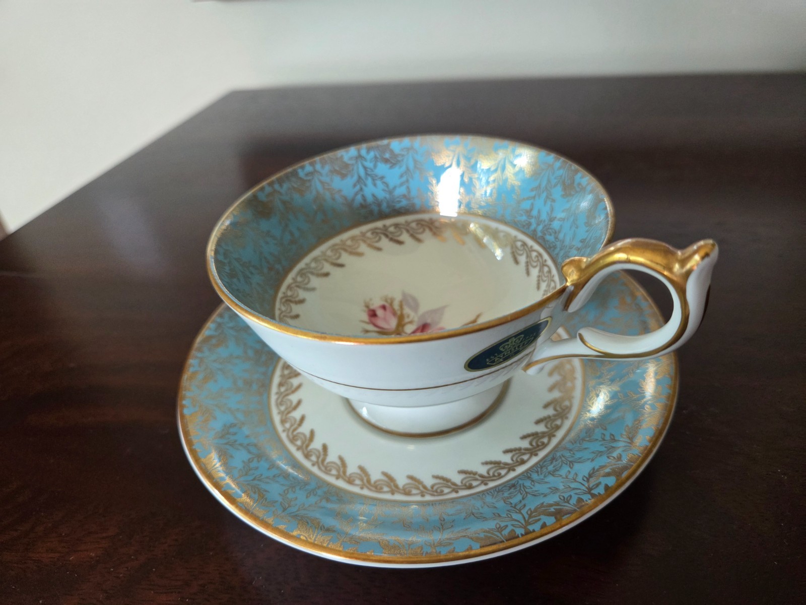AYNSLEY FINE BONE CHINA CUP & SAUCER Blue TURQUOISE w/ GOLD FILIGREE ROSE CENTER