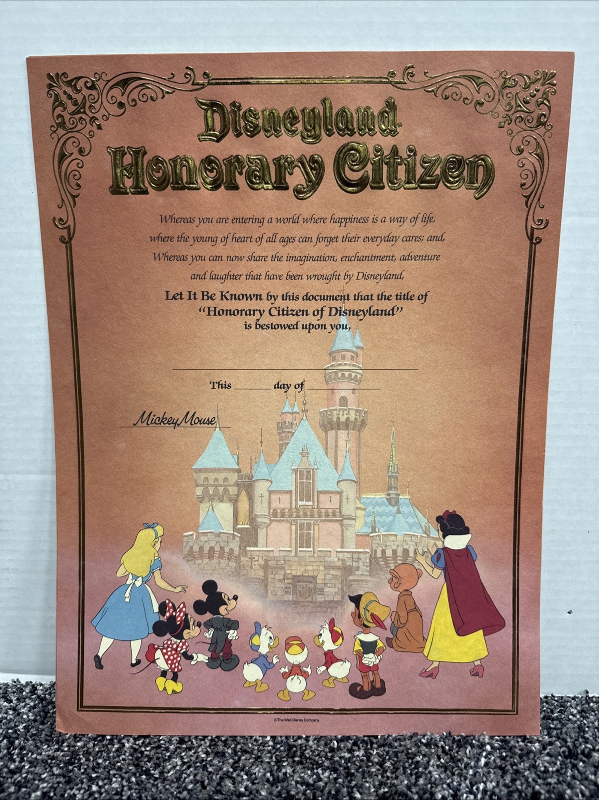Vintage 1985 Disneyland Honorary Citizen Certificate Blank