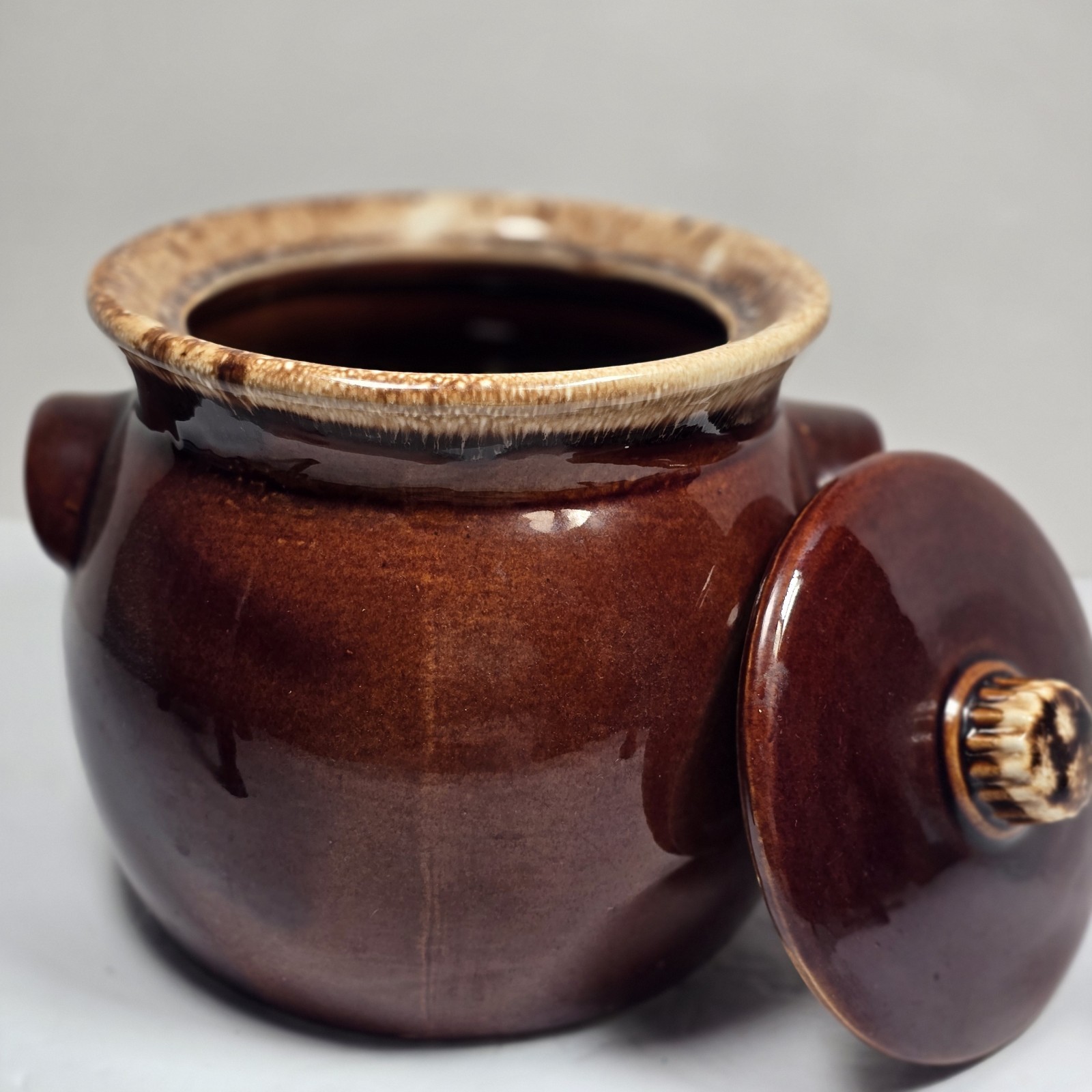 Vintage Oven Proof USA Bean Pot Crock Brown Drip Glaze 4.5 Qt Stoneware w/ Lid