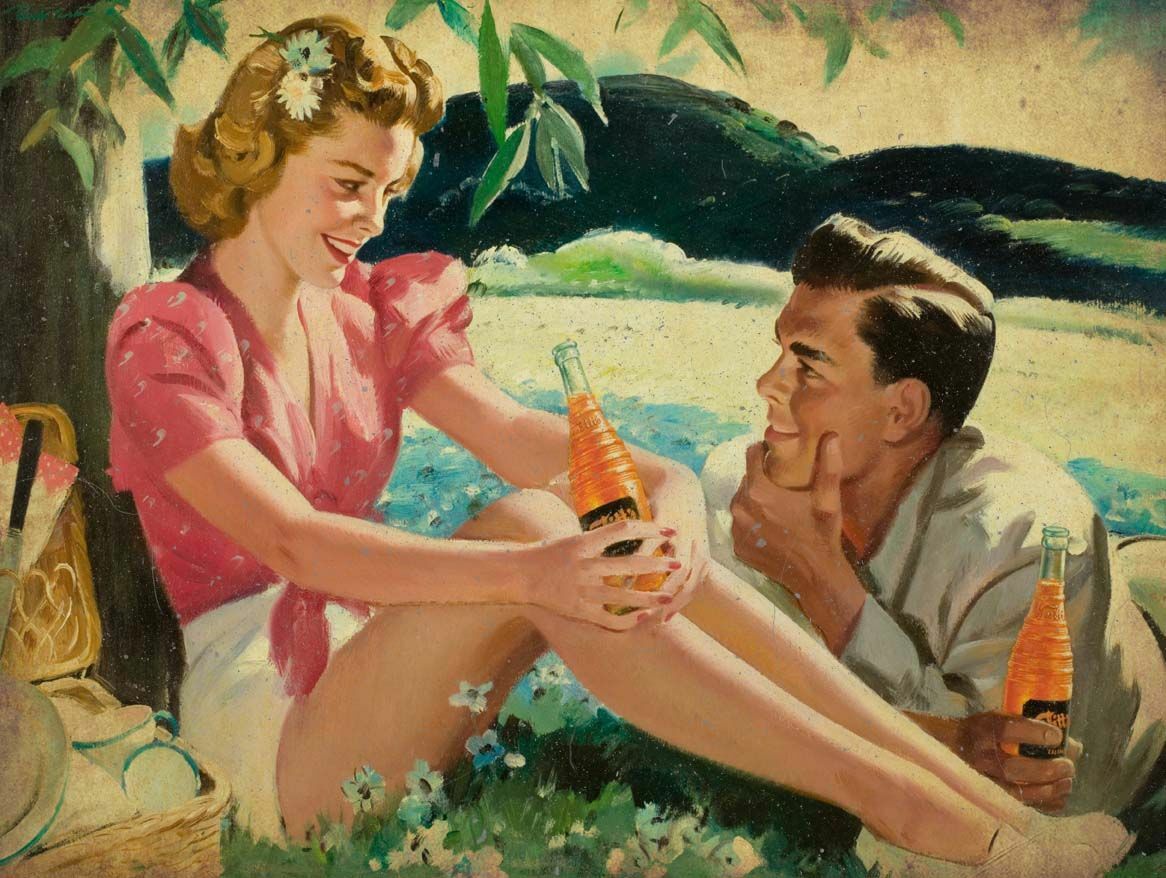 NESBITTS ORANGE SODA BOY GIRL PICNIC HEAVY DUTY USA MADE METAL ADVERTISING SIGN