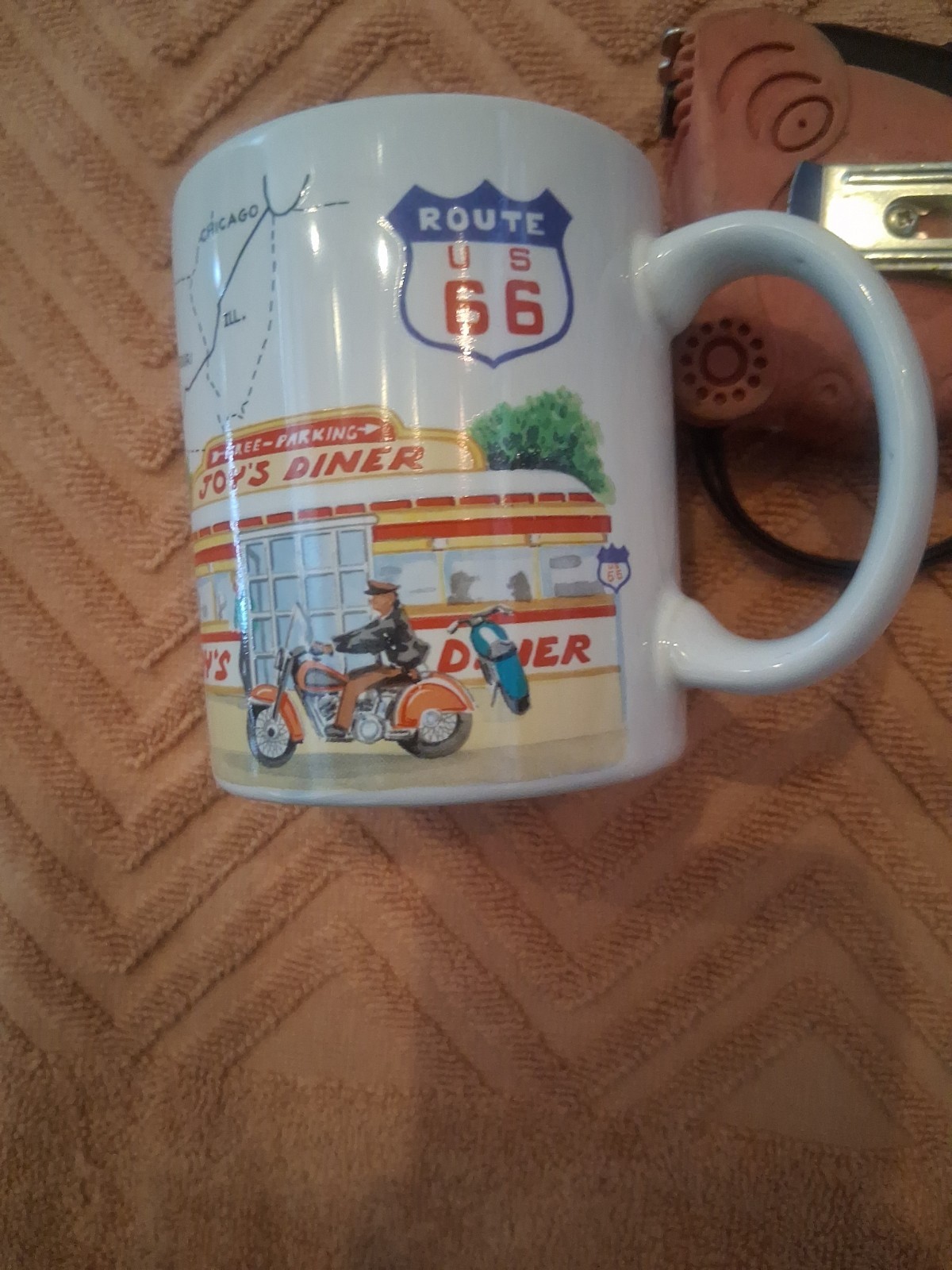 Vintage White Ceramic Historic Route 66 Coffee Mug Motor Cycle, Coffee Diner.