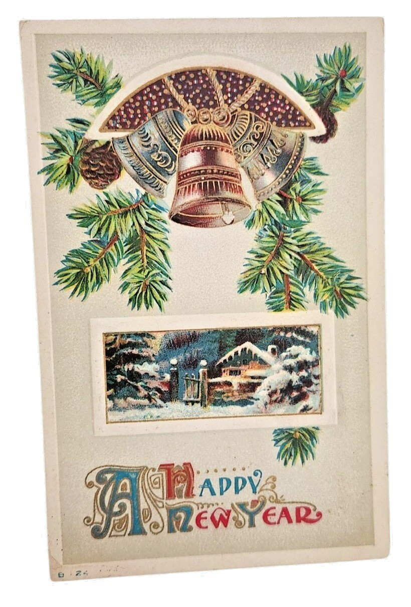 Antique 1913 Happy New Year Postcard Embossed Bells Snow House Pinecones