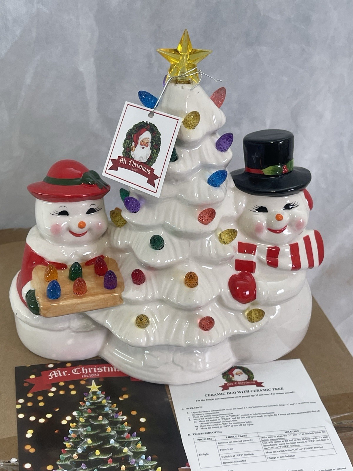 Mr Christmas Mr. & Mrs. Snowman Duo With White Tree - Ceramic Lighted Decor, New
