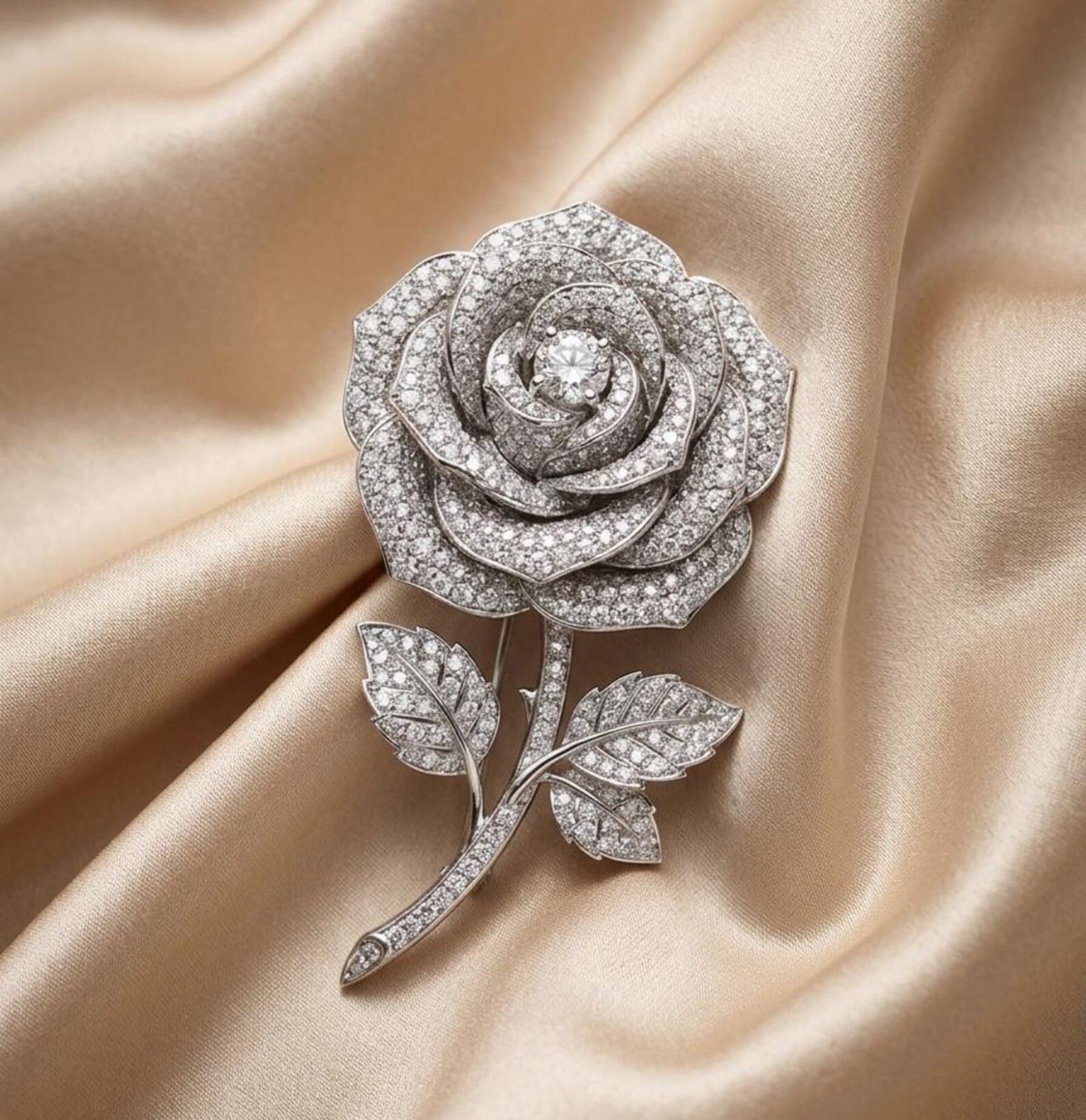 Art Deco 14K White Gold Over Diamond Rose Floral Brooch Pin For Bridal Jewellery