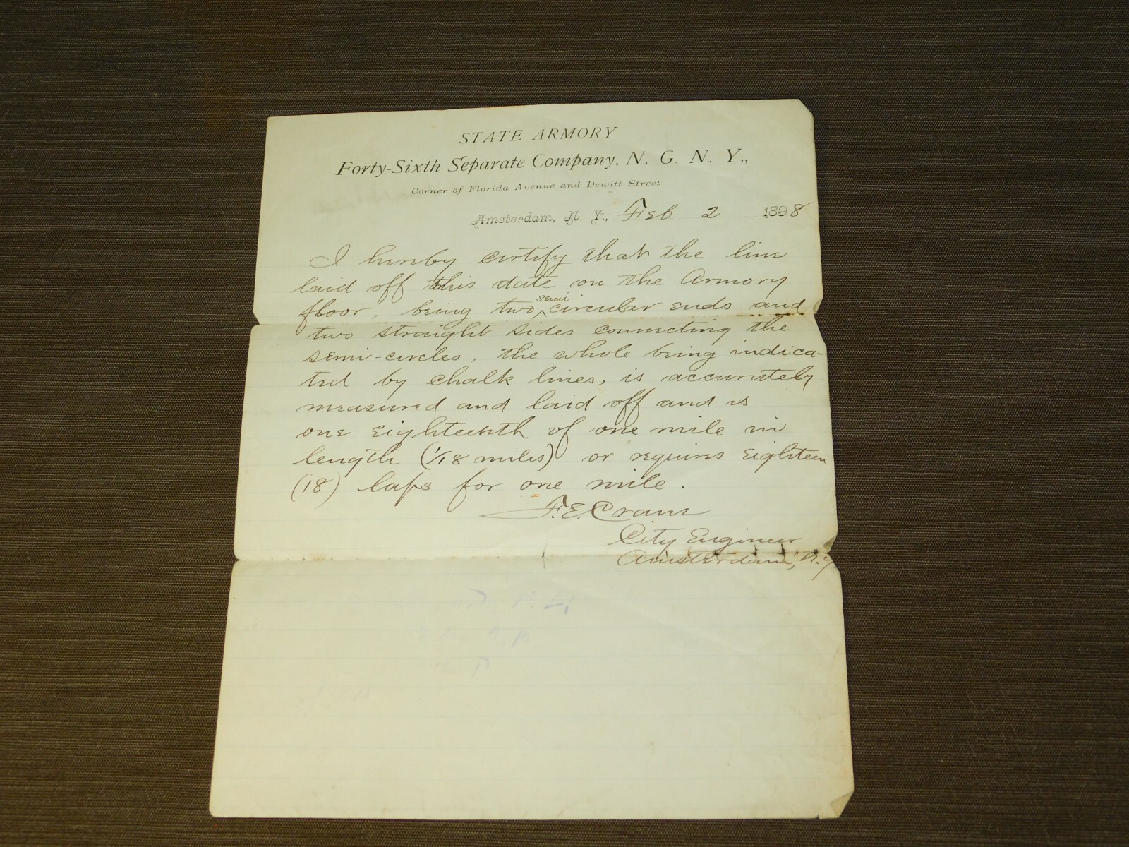 VINTAGE 1898 STATE ARMORY FLORIDA AVE 46TH SEPARATE CO NGNY ENGINEER CERTIFICATE