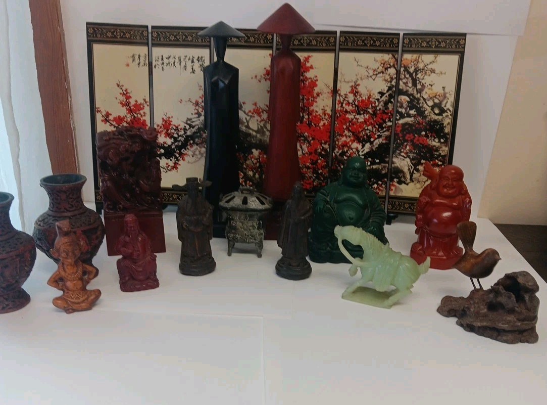 Lot Vintage Oriental Asian Statues Buddha Horse Wood Bird Vases Cinnabar 