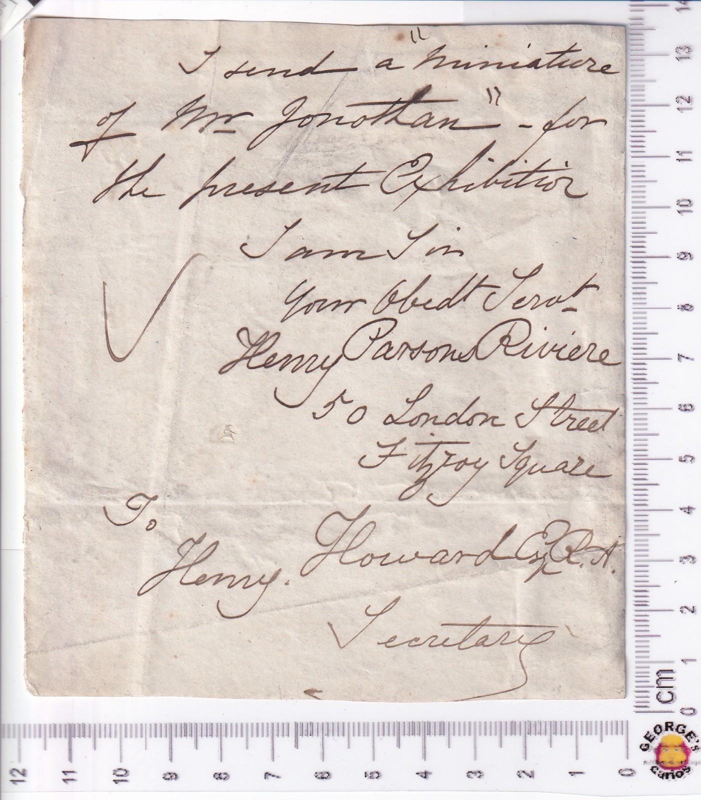 1830s letter Henry Parsons Riviere - Henry Howard RA re miniature of Mr Jonathan