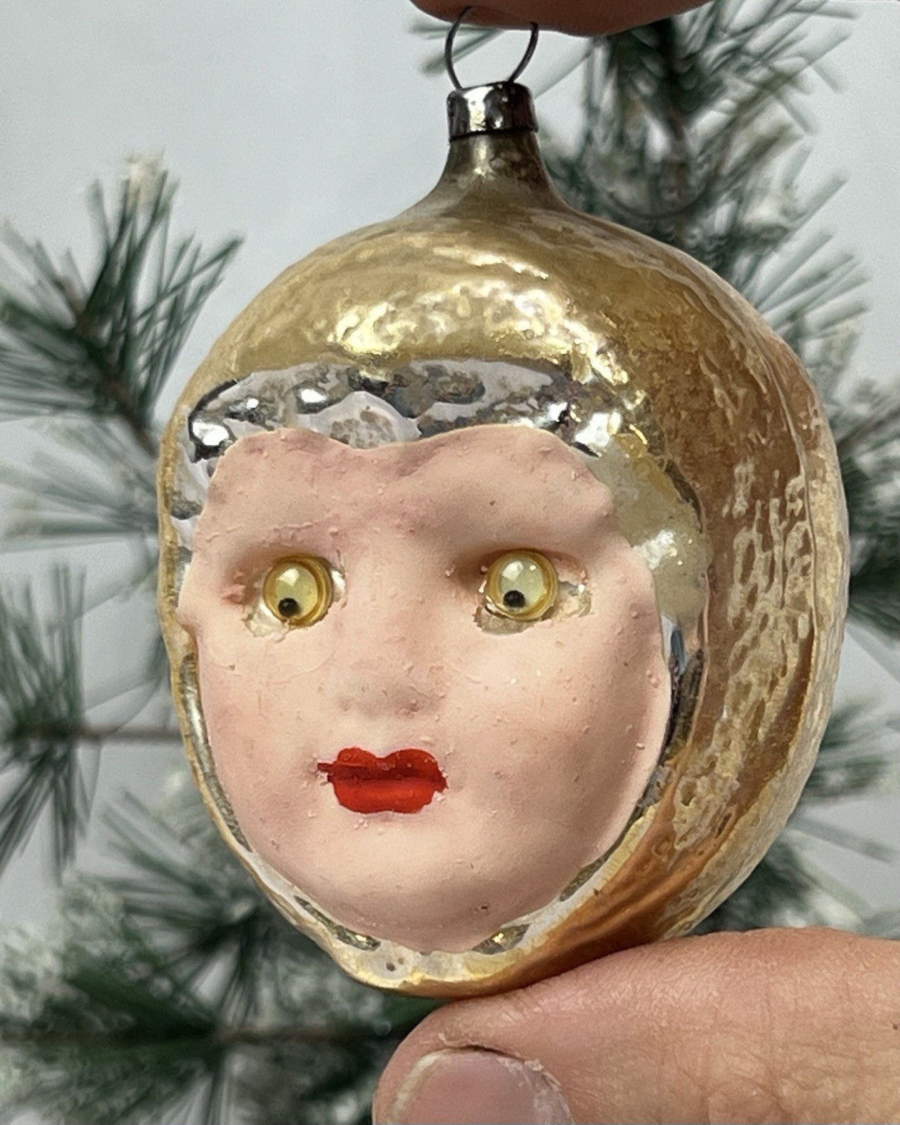 Antique Googly Eye Gold Hood Girl Face Head Glass Christmas Ornament Germany
