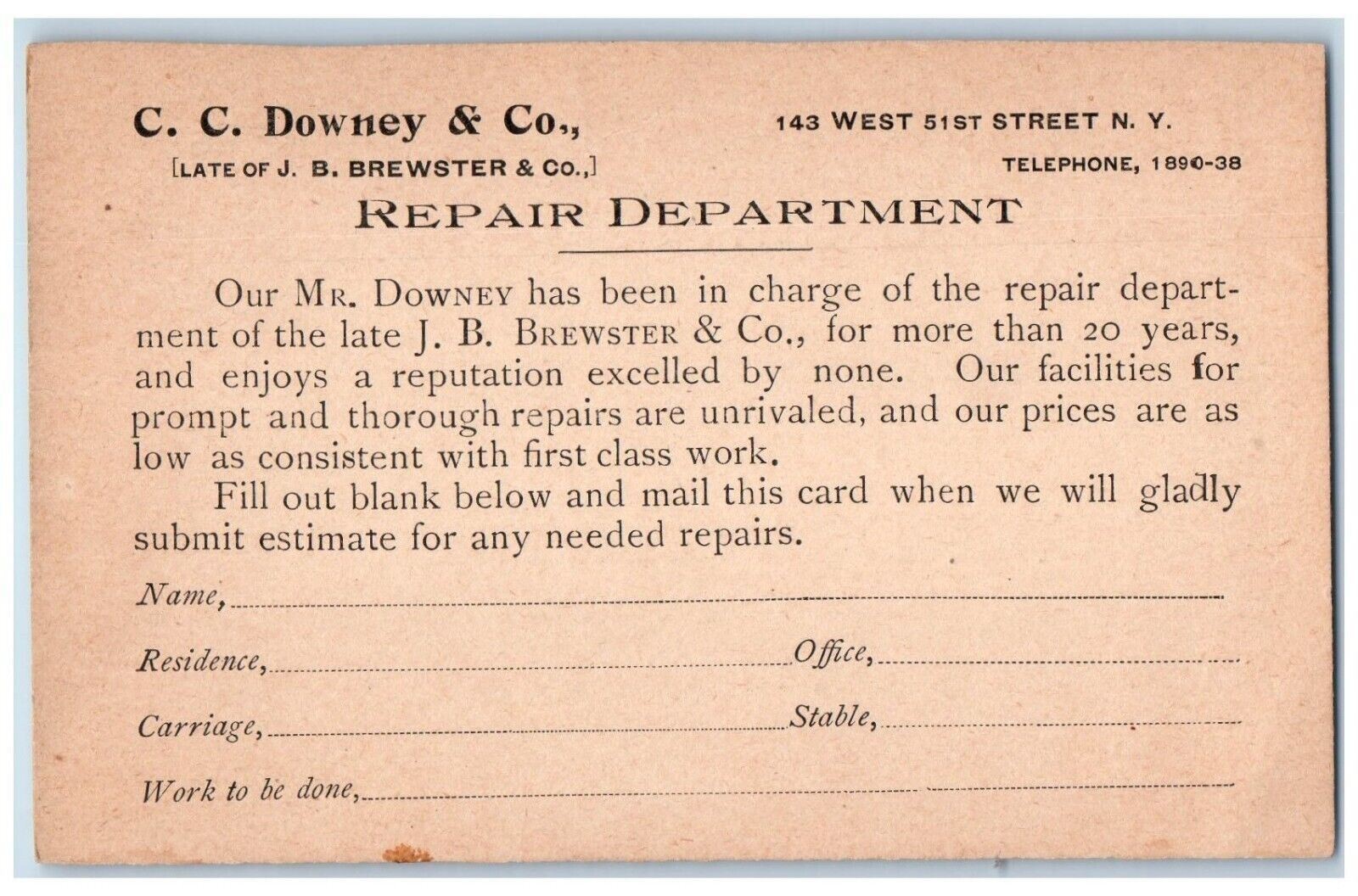 c1880's C.C. Downey & Co. Repair Department New York City NY Postal Card