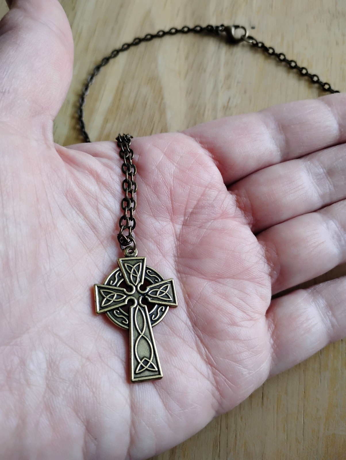 Bronze Celtic Cross Pendant Necklace Triquetra Knot Irish link chain