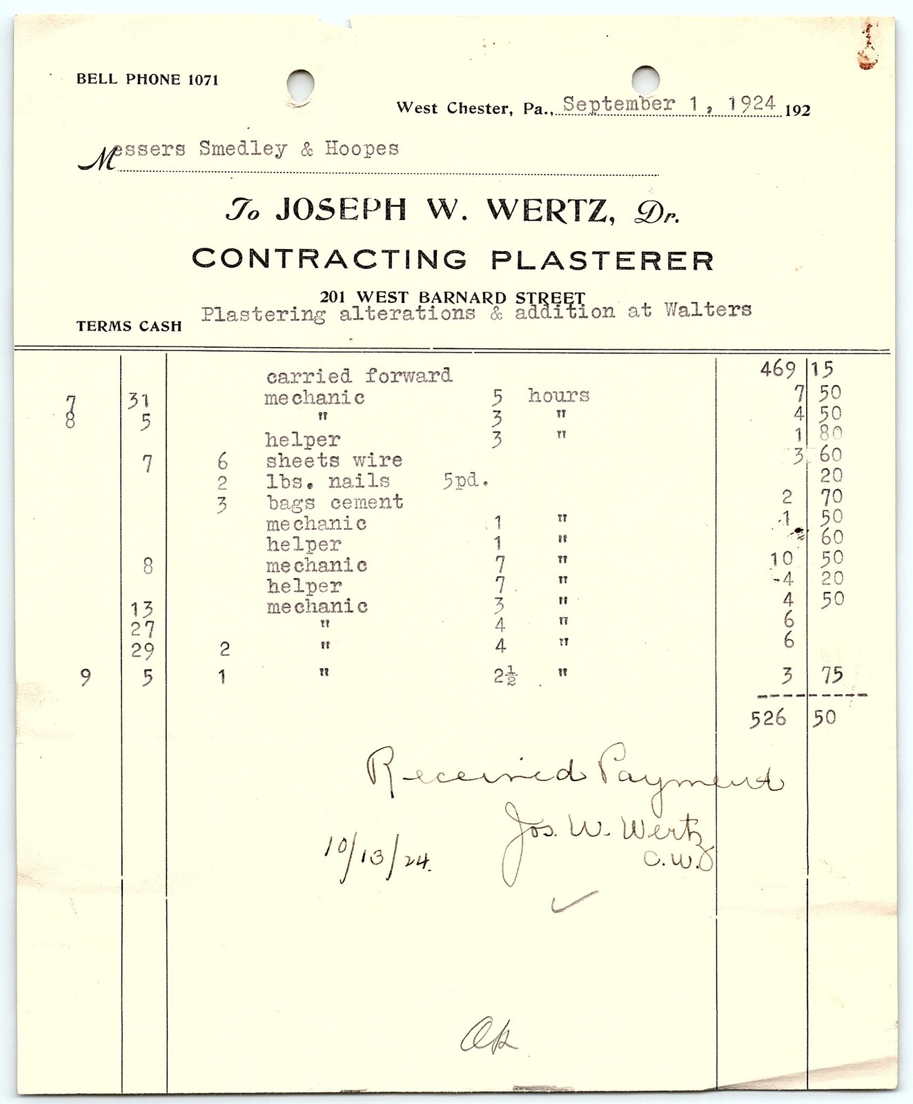 1924 West Chester PA Plasterer Joseph W. Wertz Billhead