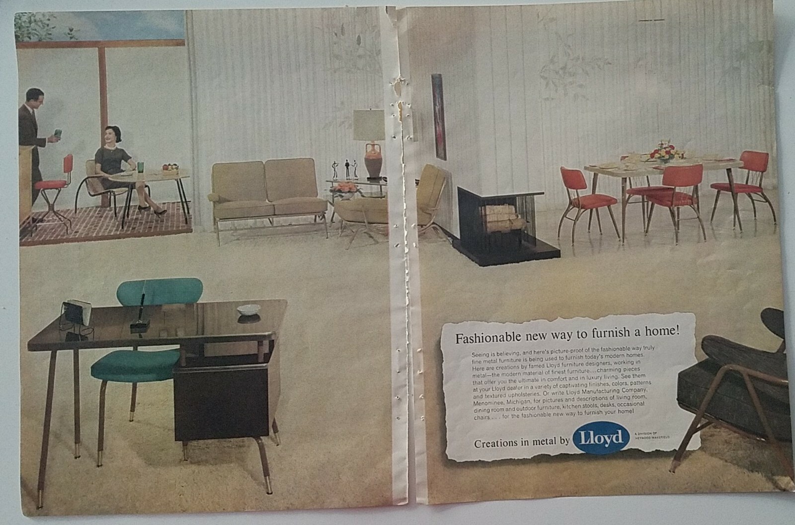 1956 mid-century Lloyd metal furniture Creations vintage two-page ad