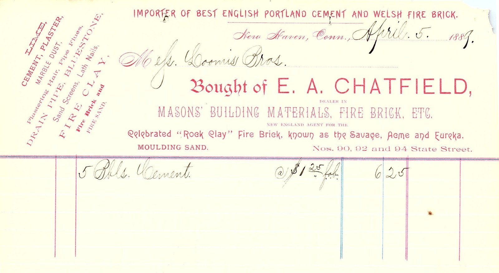 1889 E.A. Chatfield New Haven Building Materials Billhead