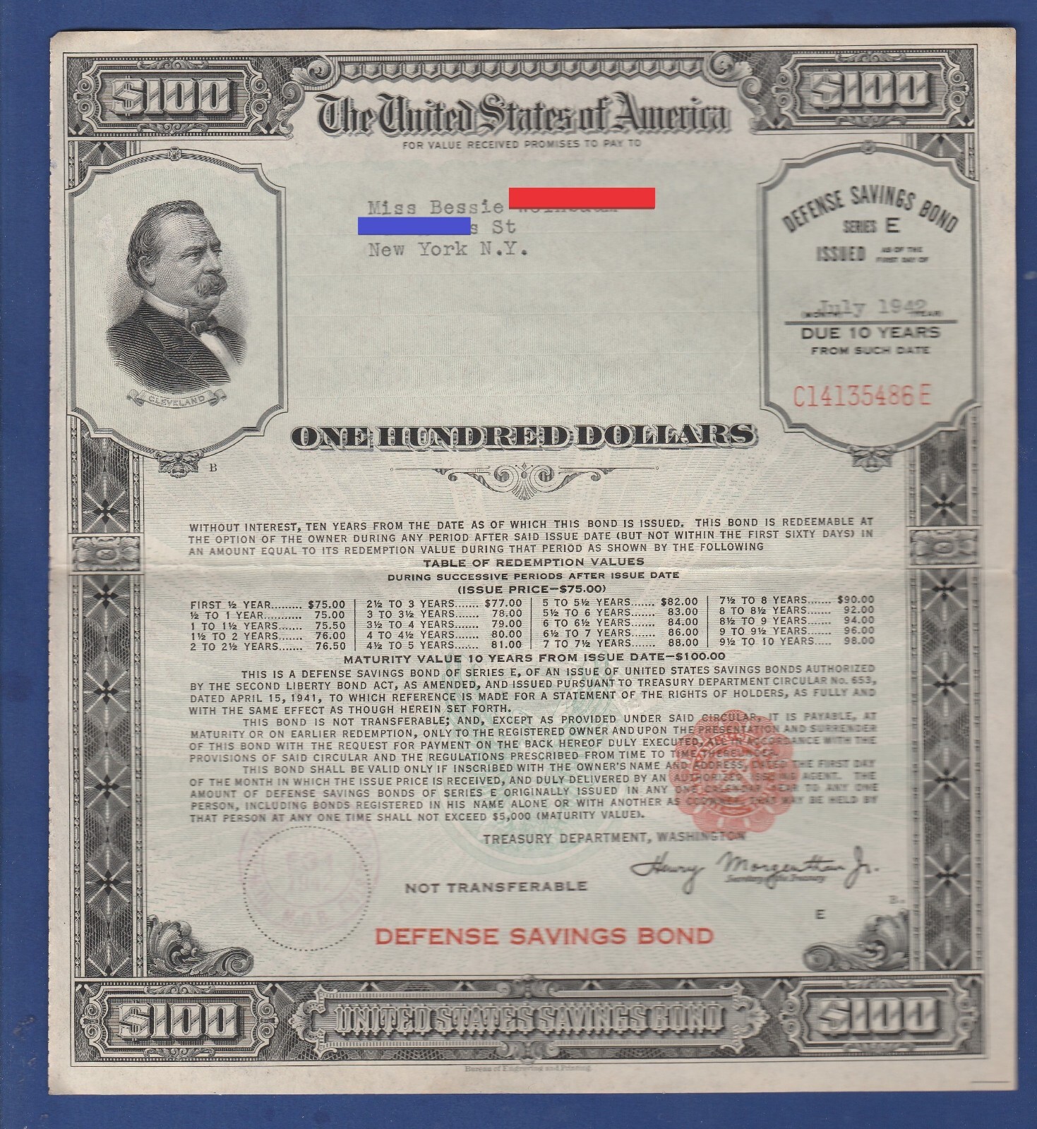 War Savings Bond DEFENSE 1942 Series E $100 WITH EMBOSSED SEAL SCHWAN # 223b