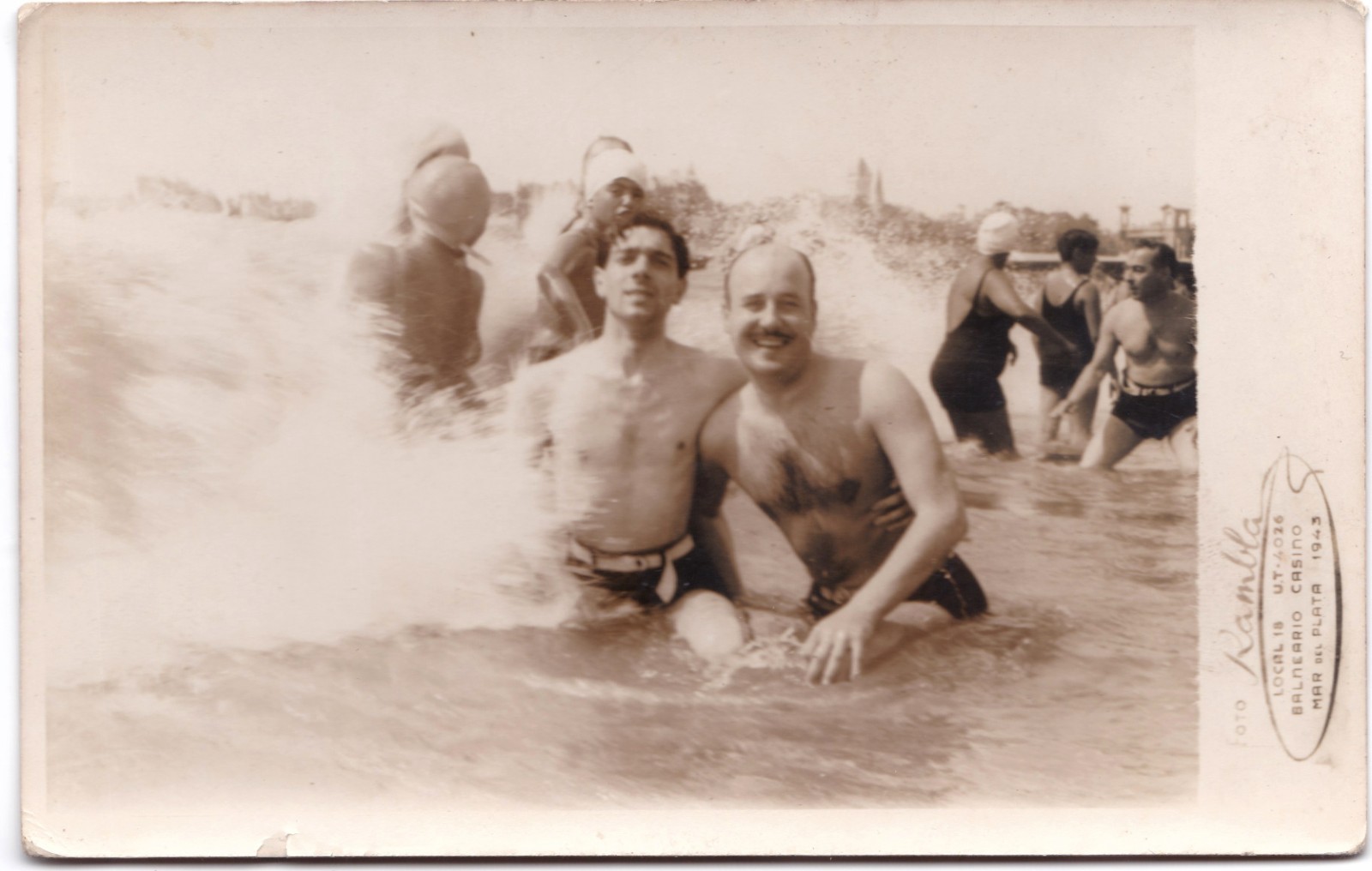 RPPC Argentina - Affectionate male couple frolic in sea - 1943 - Gay interest