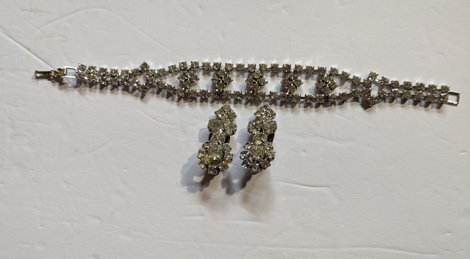 Silver Tone and Clear Rhinestone Vintage Clip Style Earrings and Bracelet Set