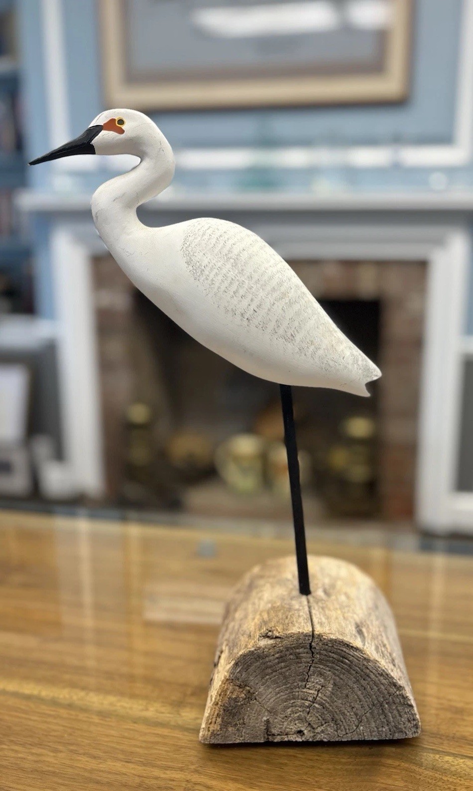Hand Carved Snowy Egret Bird Collectible - Nice Size, Signed