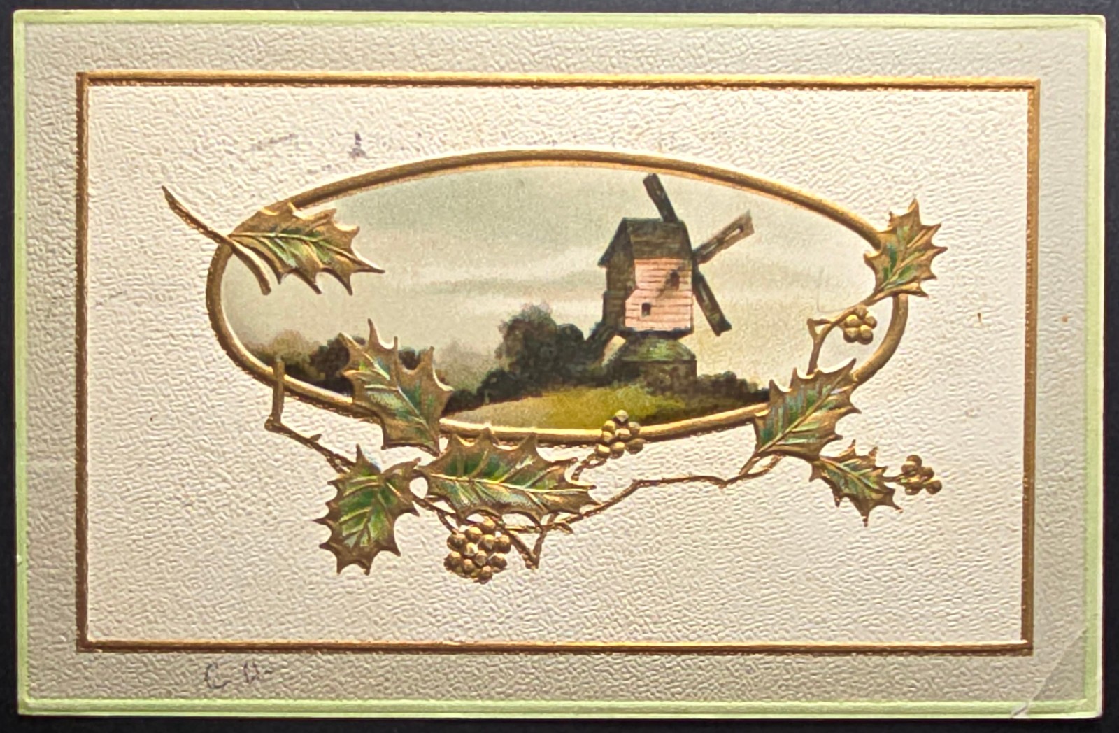 Antique 1909 Embossed Windmill Postcard w 1¢ Franklin PERFIN Stamp Used USA Cove