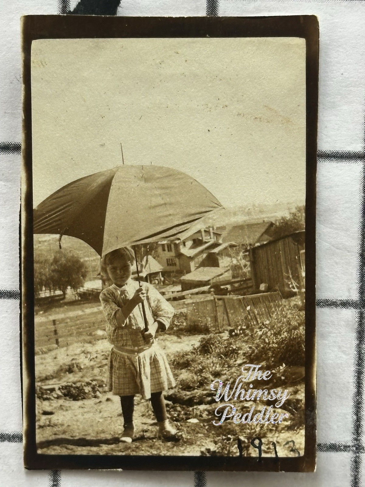1923 Little Girl With Umbrella Antique Snapshot Photo Rural Farm House Scene