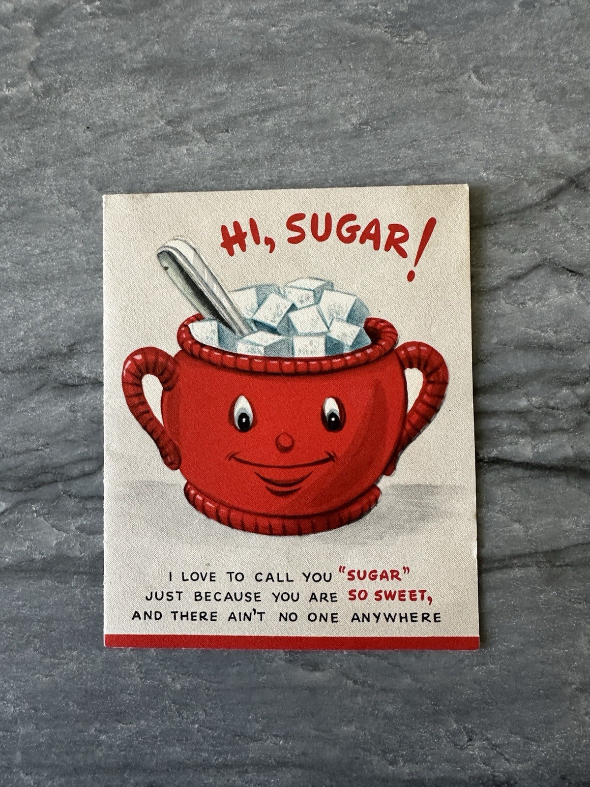 NOS Vintage Valentine Greeting Card Anthropomorphic Sugar Cube Bowl Beet Spoon