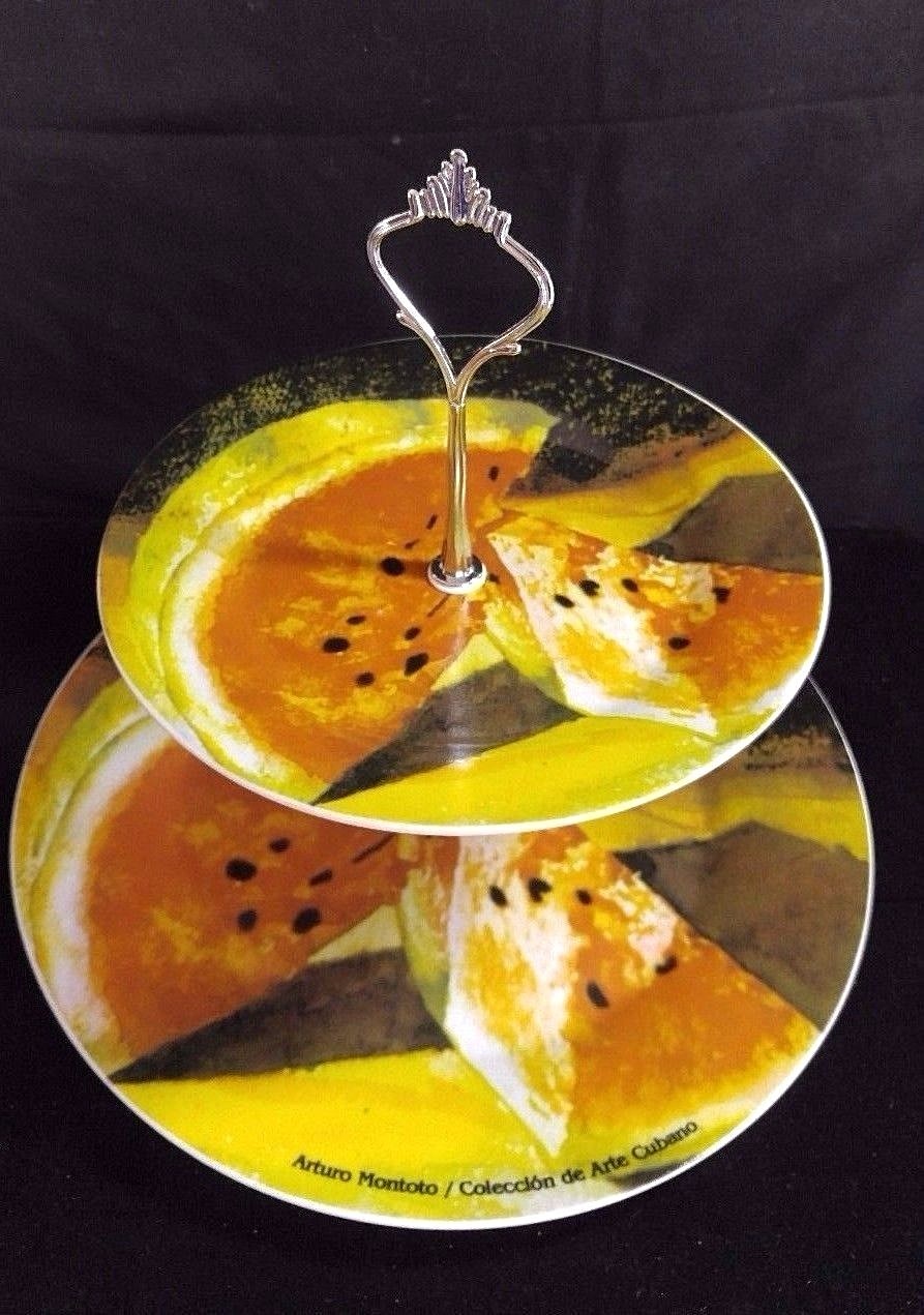 Cuban Art Arturo Montoto Melon Porcelain Serving Dish Stand 2 Tier Tray Buffet Cuban Art Arturo Montoto Melon Porcelain Serving Dish Stand 2 Tier Tray Buffet