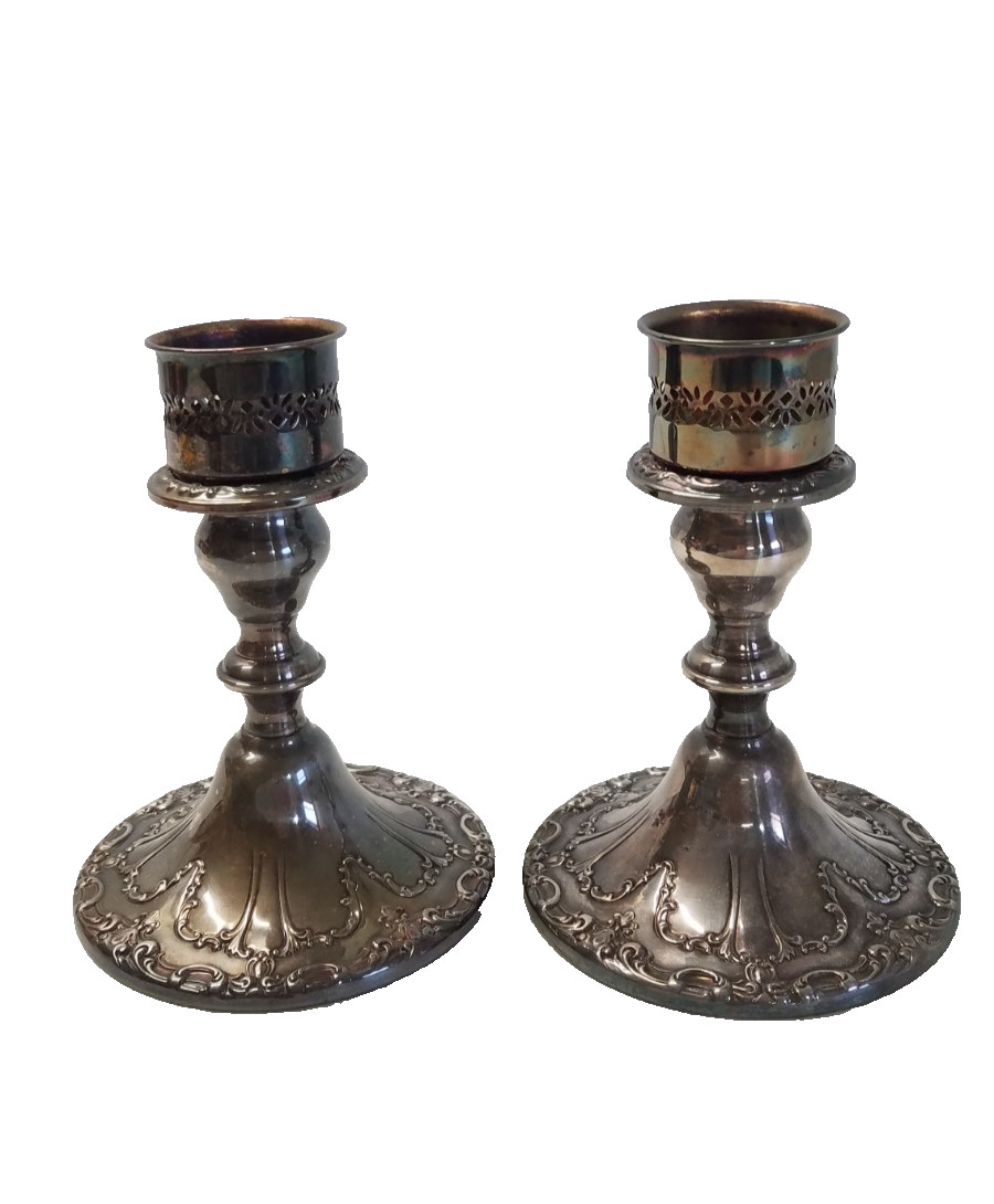 Pair Gorham EP YC3004 Chantilly Silver Plate Candlestick Holders w Adapters 5036