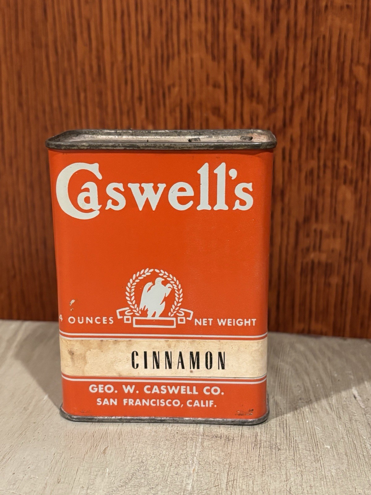Vintage Caswell’s Cinnamon Spice Tin 4 Oz Geo Caswell Co San Francisco CA Litho