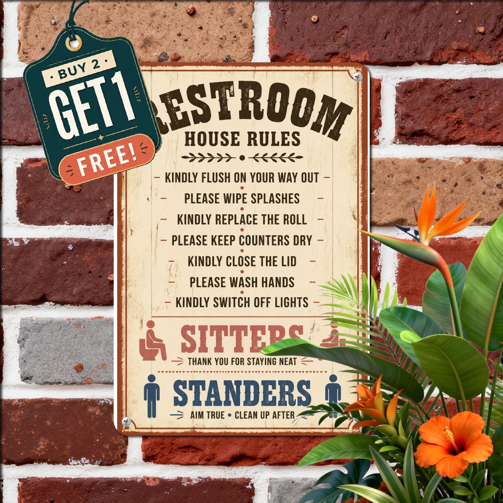 Funny Bathroom Rules Metal Sign Vintage Humor Art Wall Plaque 8x12