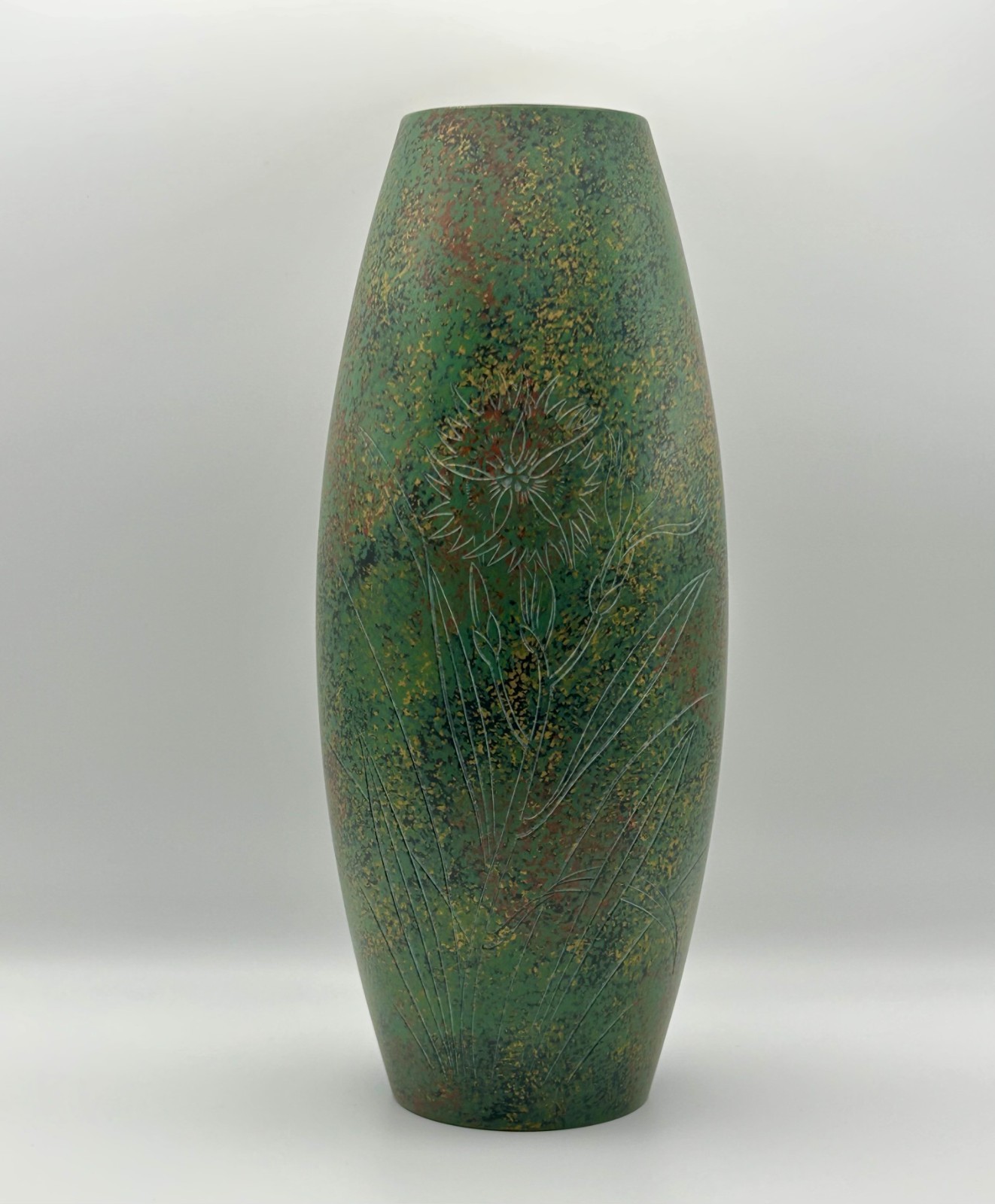 Vintage Japanese Metal Vase Mottled Green Etched Flower Design Showa 1970s