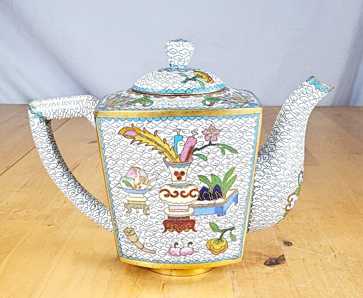 1940s 1950s Chinese Cloisonne Enamel Square Teapot Vintage 5.5”